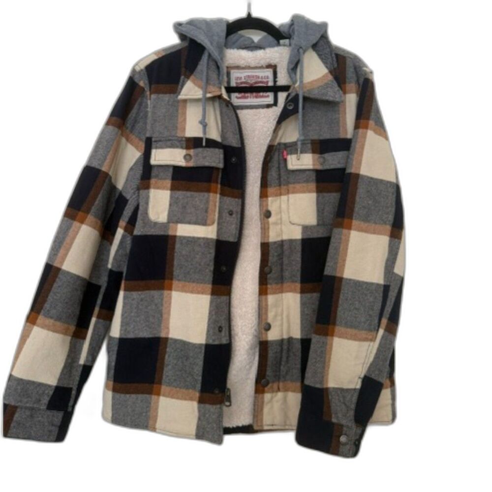 Levi's Plaid Sherpa Lined Hooded Jacket Shacket Men's Small Navy Cream Rust